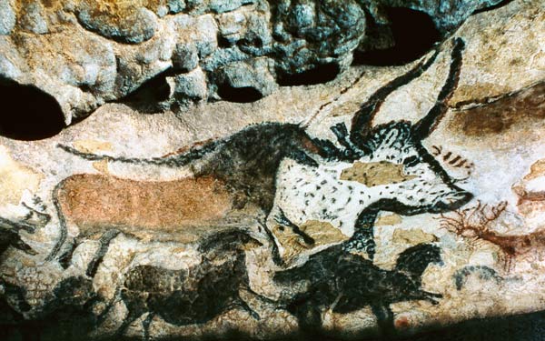 Rock painting of a bull and horses von Prehistoric
