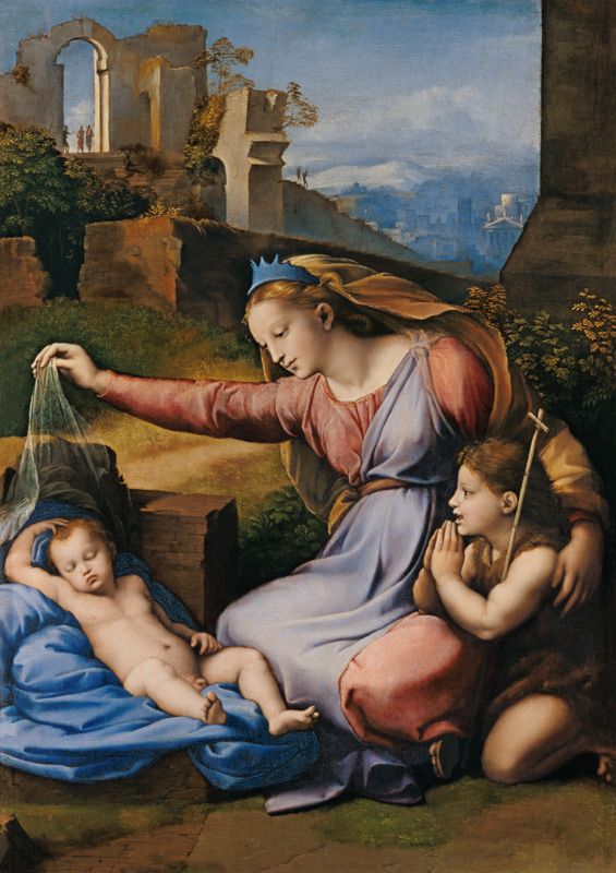 Madonna mit schlafenden Kind und hl. Johannes (Madonna mit dem Diadem) von Raffael - Raffaello Santi