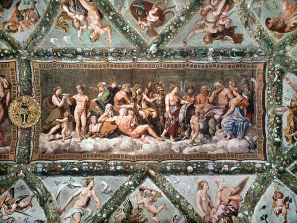 The Council of the Gods, ceiling painting of the Courtship and Marriage of Cupid and Psyche von Raffael - Raffaello Santi