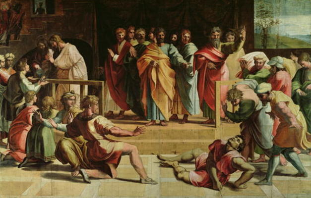 The Death of Ananias (cartoon for the Sistine Chapel) (PRE RESTORATION) von Raffael - Raffaello Santi