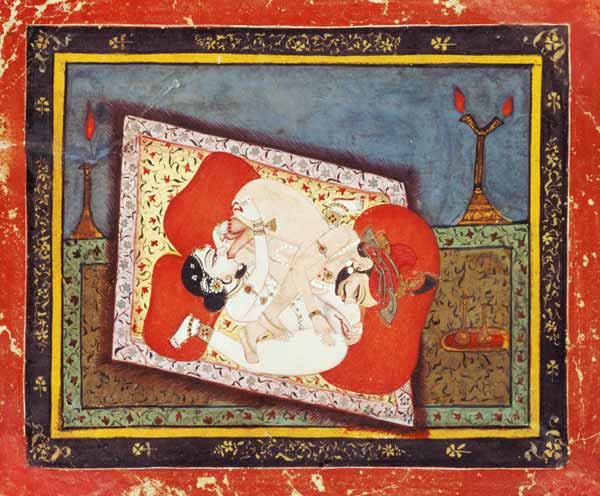 'The posture of the crow' from the Kama Sutra, ecstatic oral intercourse between a prince and a lady von Rajput School