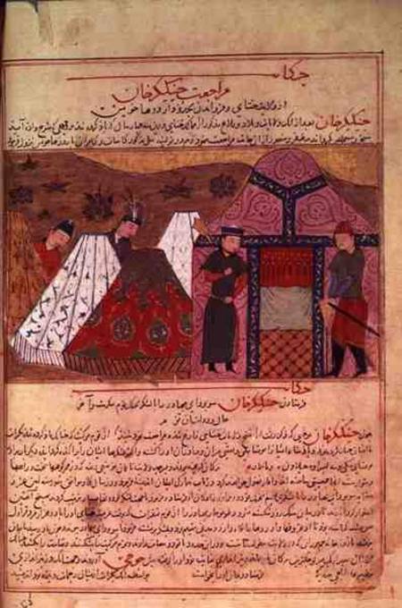 Ms. Sup. Pers. 113 f.66v Genghis Khan outside his tent, from a book von Rashid ad-Din