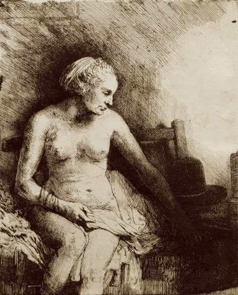 Nackte Frau auf einer Bank von Rembrandt van Rijn