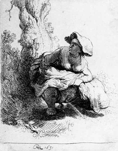 Frau uriniert an einen Baum von Rembrandt van Rijn