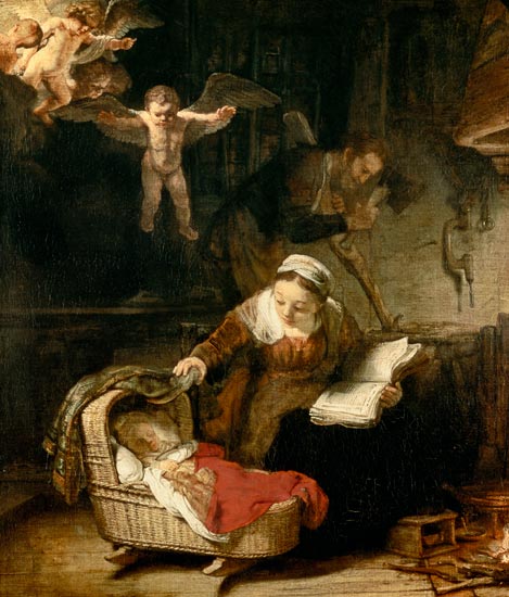 Die heilige Familie mit den Engeln - Ausschnitt von Rembrandt van Rijn