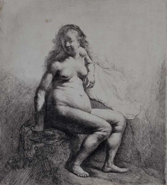 Nackte Frau auf einem Erdhügel sitzend von Rembrandt van Rijn