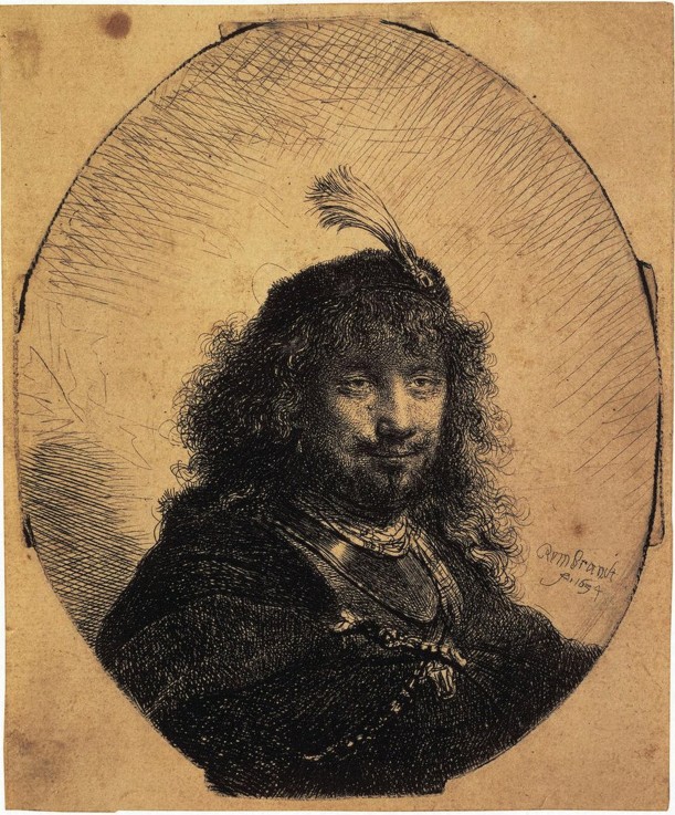 Selbstbildnis mit Federbarett und Säbel von Rembrandt van Rijn