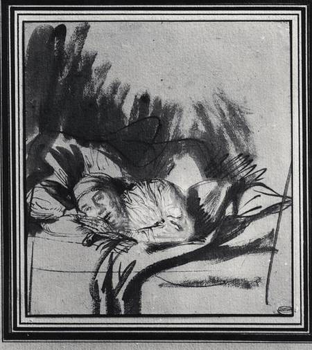 Sick woman in a bed, maybe Saskia, wife of the painter von Rembrandt van Rijn