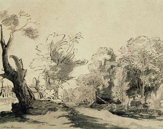 Landscape with a path, an almost dead tree on the left and a footbridge leading to a farm on the rig von Rembrandt van Rijn