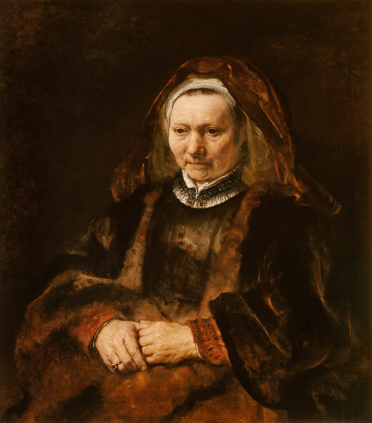 Bildnis einer alten Frau mit zusammengelegten Händen von Rembrandt (Werkstatt)