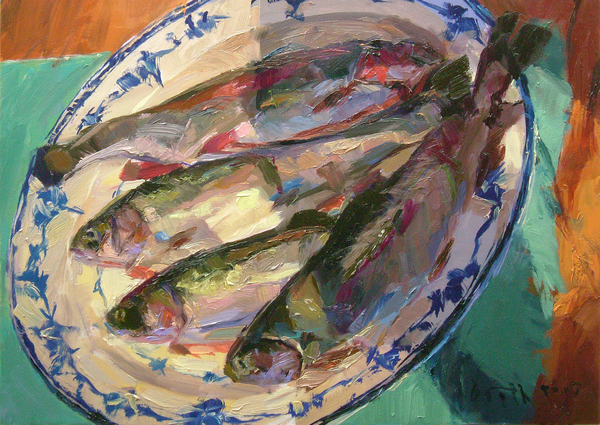 Four Fish on a Porcelain Plate von Robert Booth Charles
