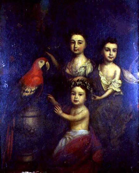 Portrait of Three Children with a Macaw von Robert Byng or Bing