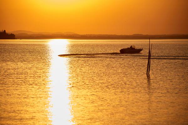 Goldgelbes Abendlicht am romantischen Lago Trasimeno See mit einem Boot von Robert Kalb