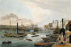 A View of London Bridge and the Custom House, with the Margate Steam Yachts, pub. 1820 Colnaghi & Co