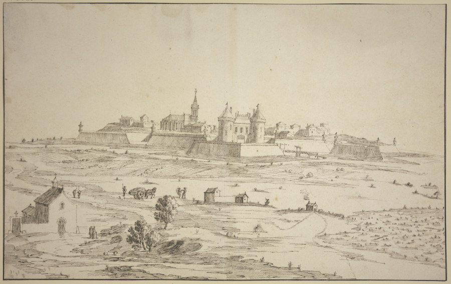 Ansicht einer befestigten Stadt, links vorne eine Kapelle von Robert van den Hoecke