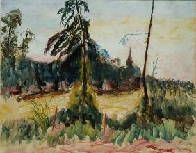 Landscape with Trees and a Small Church (oil on board) 