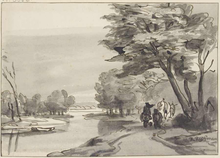 Fluss mit waldigem Ufer, rechts ein Wagen und Reiter von Roelant Roghman