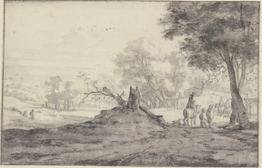Landschaft mit Bäumen und Häusern, in der Mitte die Reste eines abgehauenen Baumes, Reiter und Fußgä von Roelant Roghman