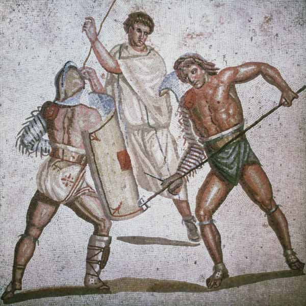 Zwei kämpfende Gladiatoren und ein Schiedsrichter Mosaik von römisch Mosaik