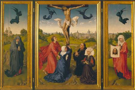 Crucifixion triptych with St. Mary Magdalene, St. Veronica and unknown Patrons von Rogier van der Weyden