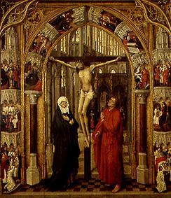 Der Gekreuzigte in einem Kirchenportal, umgeben von Szenen aus dem Leben Jesu. von Rogier van der Weyden