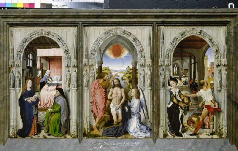 Dreiteiliger Altar mit Szenen aus der Geschichte Johannes d.Täufers. von Rogier van der Weyden (Nachfolger)