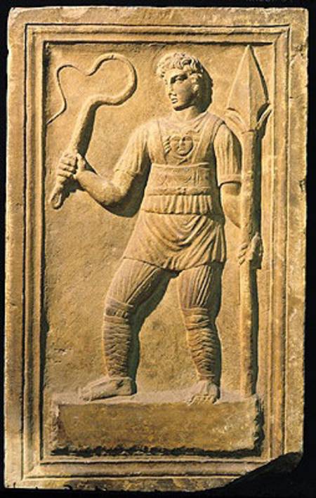Relief depicting a gladiator holding a whip and a spear von Roman