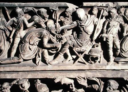 Relief from a sarcophagus depicting the submission of a barbarian to a Roman general von Roman