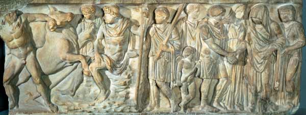 Sarcophagus depicting Jason and the fire breathing bull at Colchis von Roman