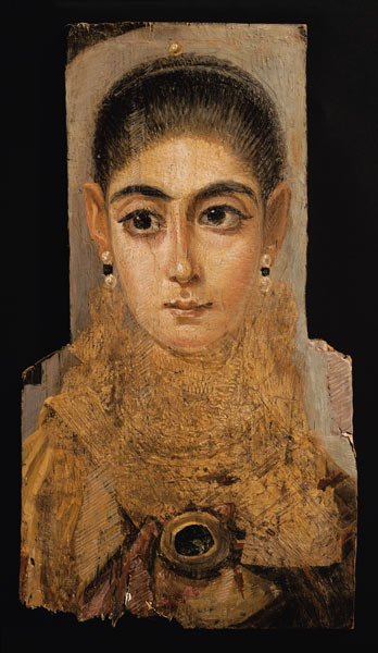 Portrait of a woman wearing a gold pectoral, tomb decoration, from Fayum, 120-130 AD (encaustic wax von Roman Period Egyptian