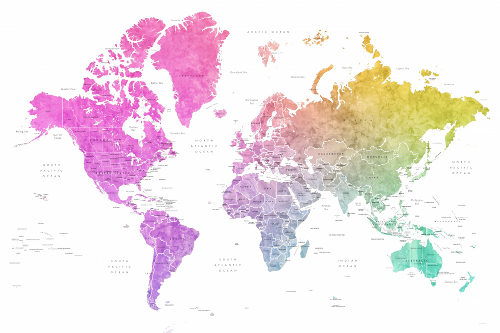 Aquarell-Weltkarte mit Ländern,Löwe von Rosana Laiz Blursbyai