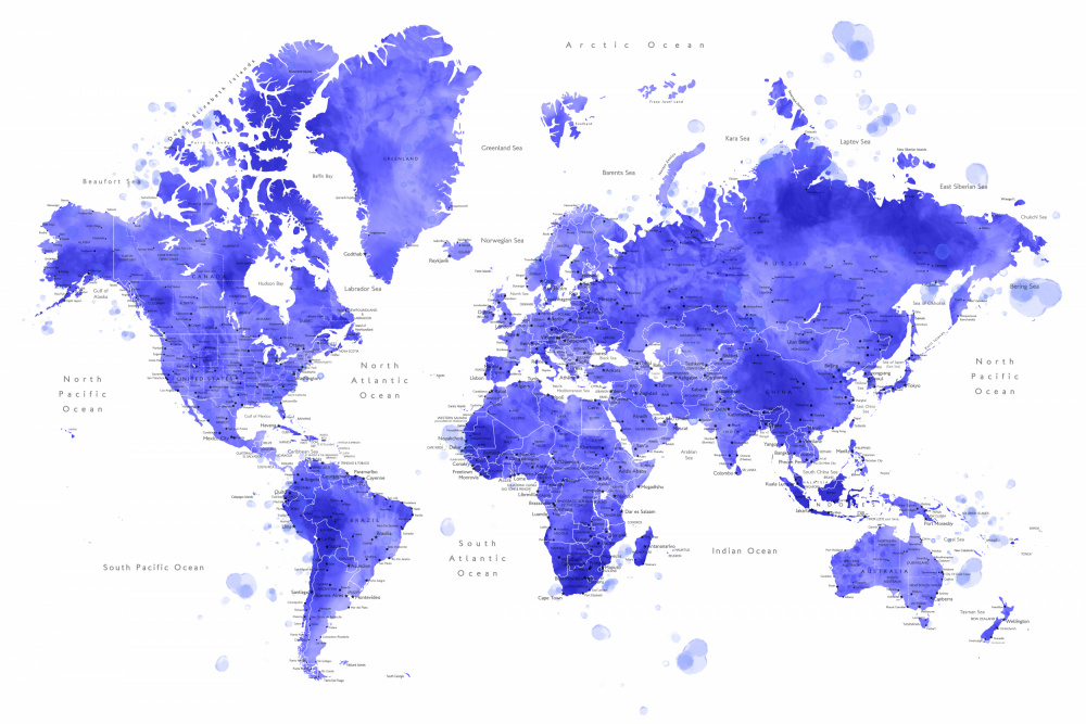 Aquarell-Weltkarte mit Städten,Uyen von Rosana Laiz Blursbyai