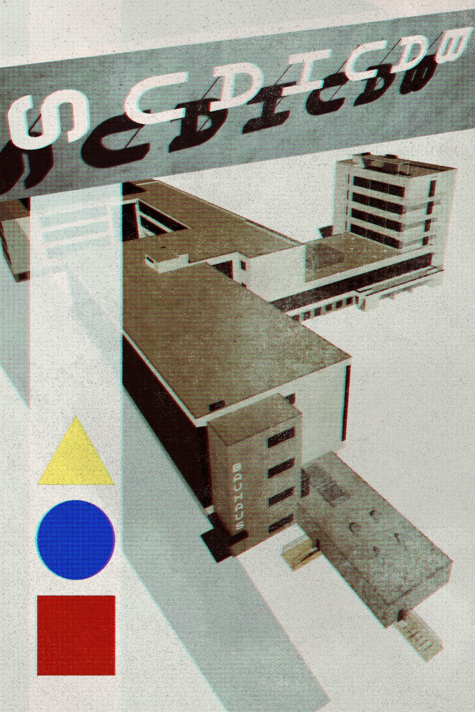 Bauhaus-Dessau-Architektur im Vintage-Magazin-Stil III von Rosana Laiz Blursbyai