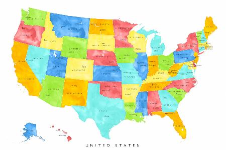 Bunte Karte der Vereinigten Staaten mit Bundesstaaten und Landeshauptstädten