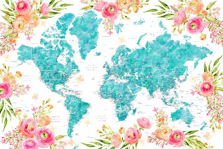 Detaillierte florale Weltkarte mit Städten,Haven