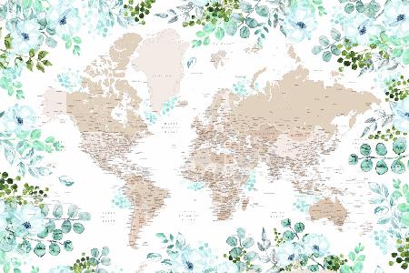 Detaillierte florale Weltkarte mit Städten,Leanne