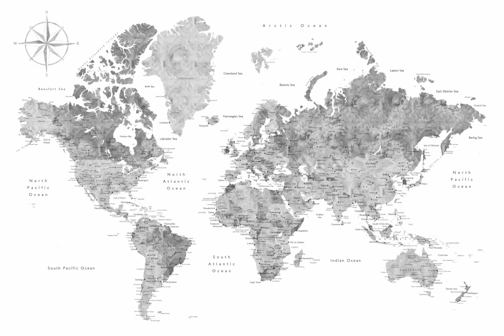 Graustufen-Aquarell-Weltkarte mit Städten,Rylan von Rosana Laiz Blursbyai