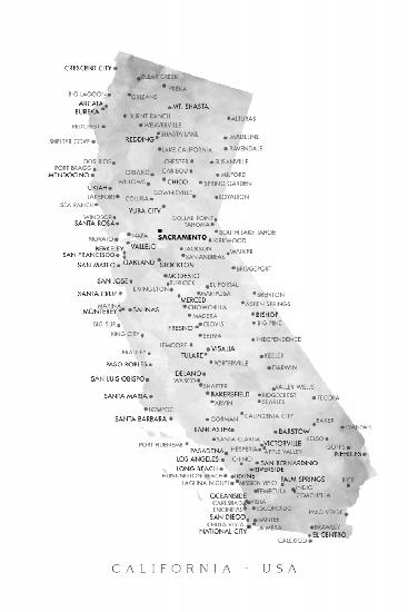 Graustufen-Aquarellkarte von Kalifornien mit Städten