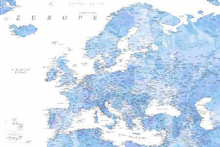 Hellblaue Aquarell-Detaillierte Karte von Europa
