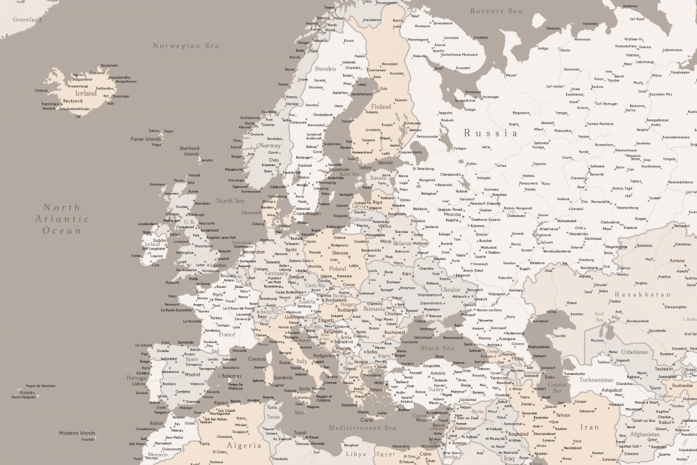 Hochdetaillierte Europakarte in Neutraltönen von Rosana Laiz Blursbyai