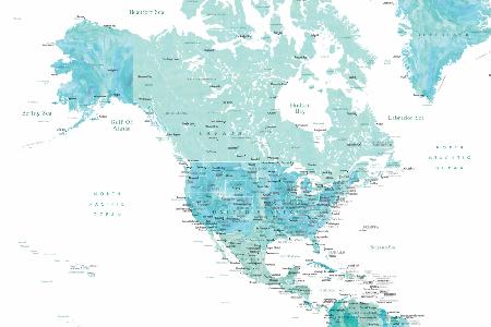 Karte von Nordamerika in Aquamarin-Aquarell