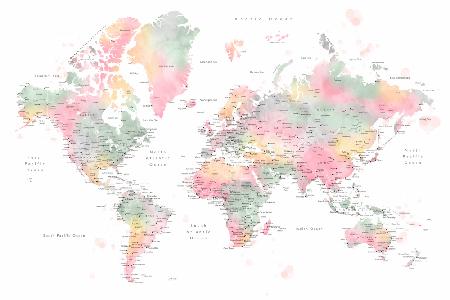 Pastellaquarell-Weltkarte mit Städten,Anjah