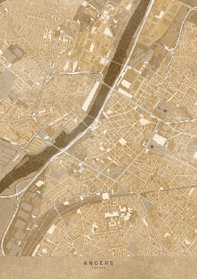 Sepia-Vintage-Karte der Innenstadt von Angers in Frankreich
