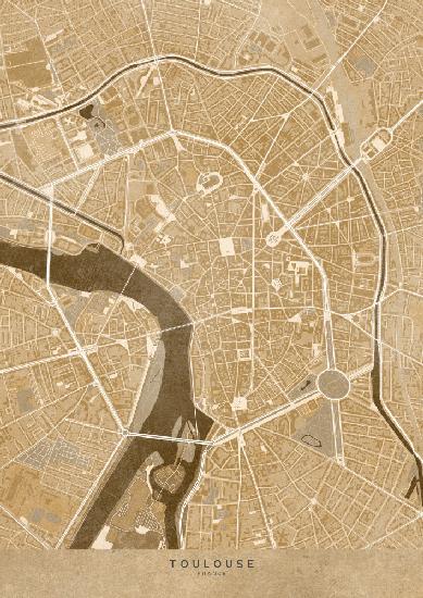 Sepia-Vintage-Karte der Innenstadt von Toulouse in Frankreich