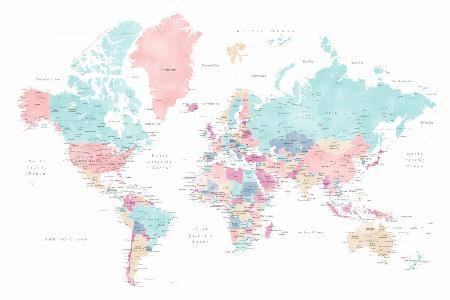 Weltkarte in Distressed-Pastellfarben mit Städten,Carmen
