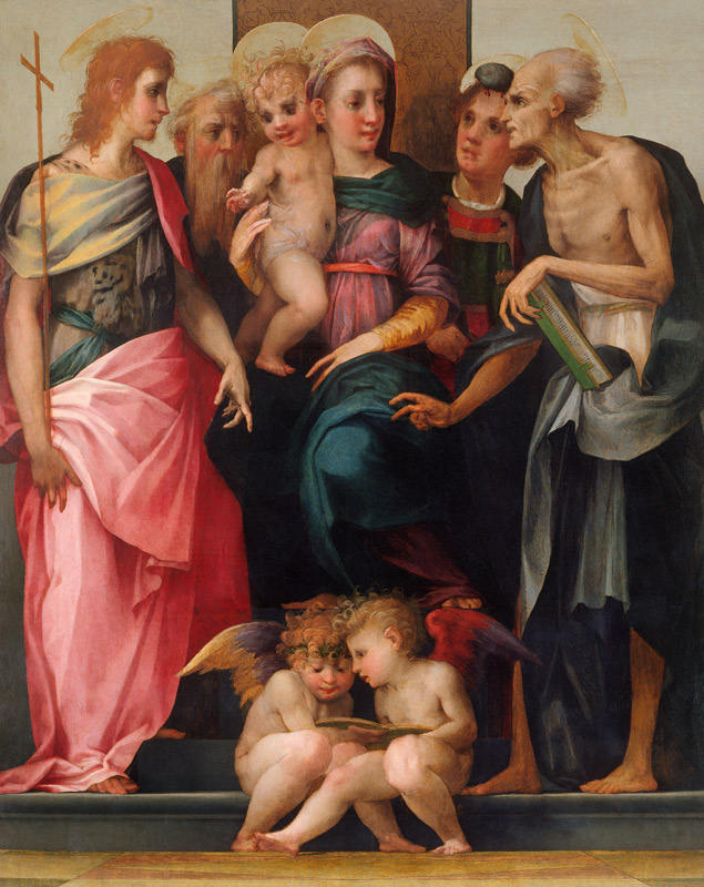 Thronende Maria mit Kind und den Heiligen Johannes dem Täufer, Antonius Abbas, Stephan und Hieronymu von Rosso Fiorentino