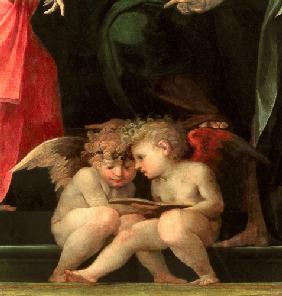 Two cherubs reading, detail from Madonna and Child with Saints 1518
