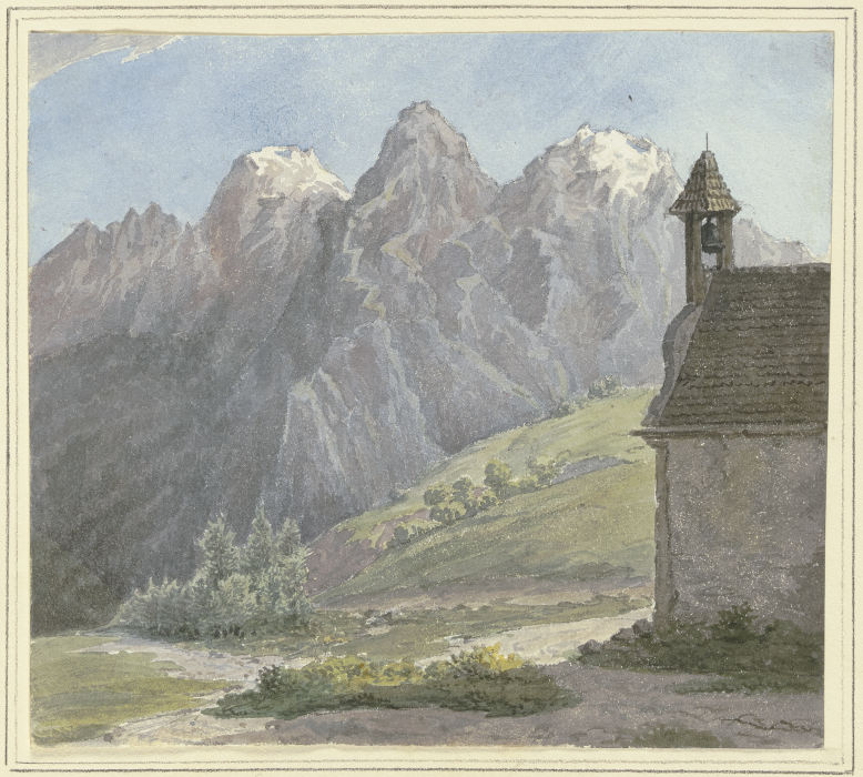 Berggipfel in den Alpen, vorne eine Kapelle von Rudolf Maria Bernhard von Stillfried-Alcantara