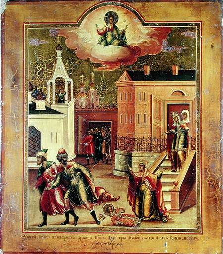 Icon depicting the Assasination of Dmitri Ivanovich (1583-91) in Ouglicht von Russian School