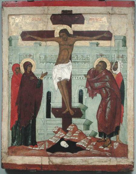 Icon depicting the Crucifixion with the Virgin, Mary Magdalene, St. John and the Centurion Longinus, von Russian School
